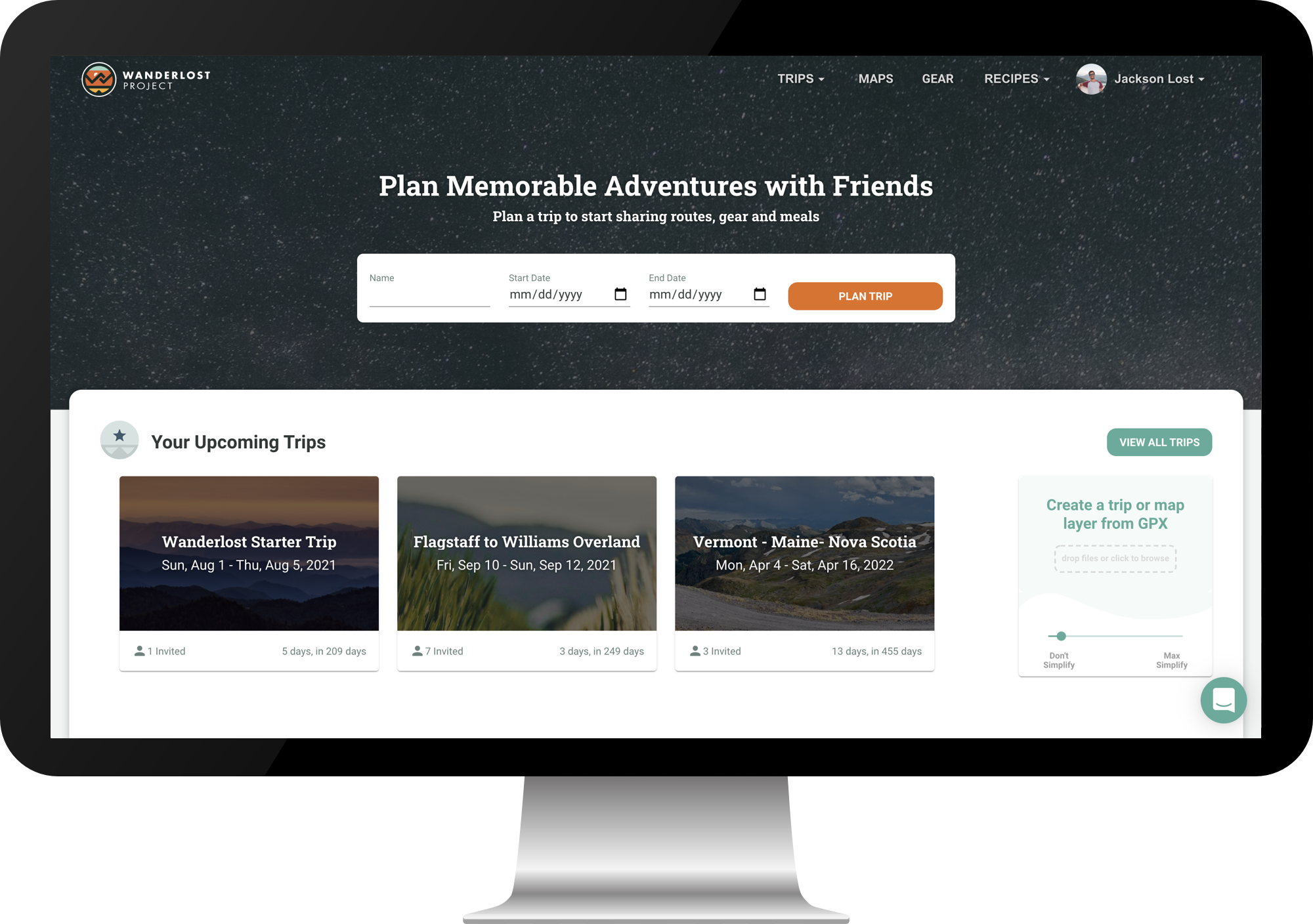 An iMac showing the home page of the Wanderlost app